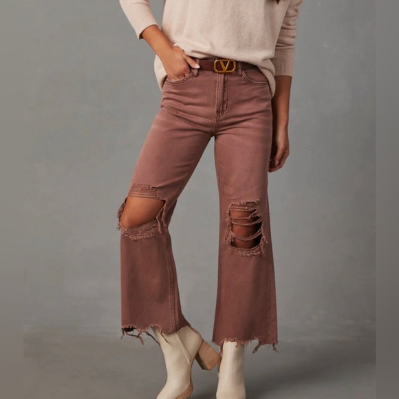 NWT Vervet by Flying Monkey Mauve Cropped Distressed Flare Denim Jeans - Picture 3 of 6